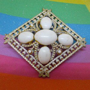 Vintage White Lucite Cabochon Enamel Gold Tone Metal Brooch White Lucite Enamel